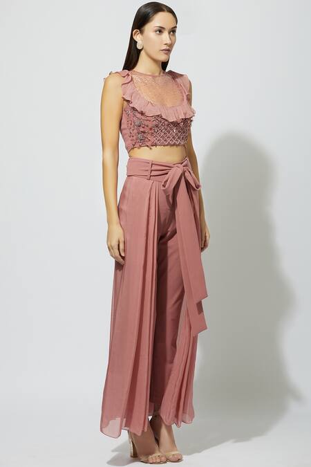 Babita Malkani_Pink Net, Italian Crepe Round Embellished Crop Top With Draped Pants _Online_at_Aza_Fashions