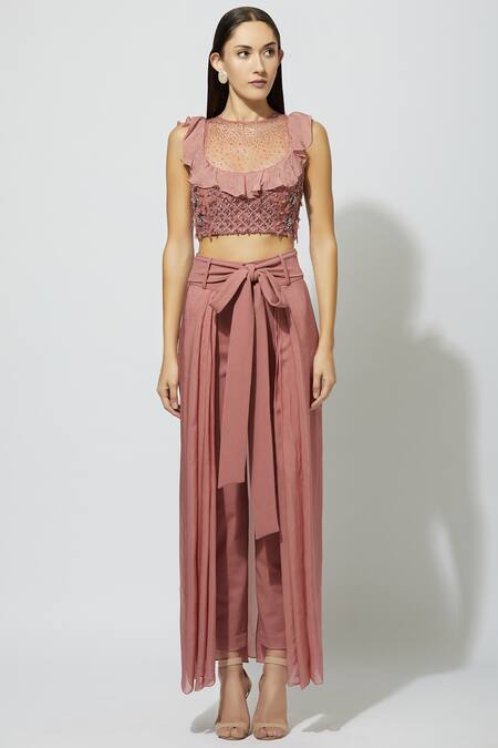 Shop_Babita Malkani_Pink Net, Italian Crepe Round Embellished Crop Top With Draped Pants _Online_at_Aza_Fashions