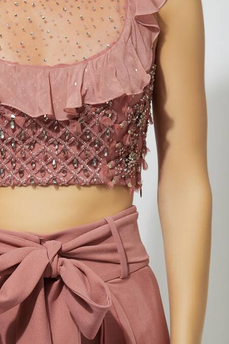 Babita Malkani_Pink Net, Italian Crepe Round Embellished Crop Top With Draped Pants _at_Aza_Fashions