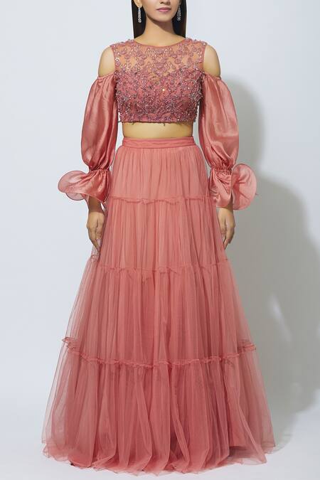 Babita Malkani_Pink Organza, Net Round Embellished Lehenga Set_Online_at_Aza_Fashions