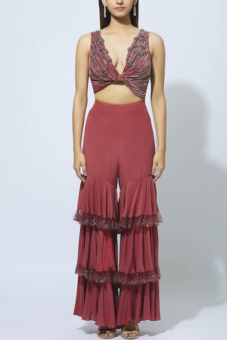 Babita Malkani_Maroon Velvet, Crepe V Neck Embellished Crop Top With Sharara _Online_at_Aza_Fashions
