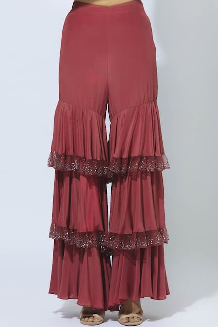 Buy_Babita Malkani_Maroon Velvet, Crepe V Neck Embellished Crop Top With Sharara _Online_at_Aza_Fashions