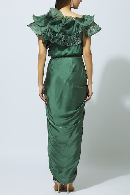 Shop Babita Malkani Green Organza, Crepe Round Embellished Crop Top With Draped Pants at Aza Fashions Shop_Babita Malkani_Green Organza, Crepe Round Embellished Crop Top With Draped Pants _at_Aza_Fashions