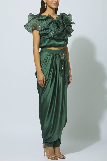 Babita Malkani Green Organza, Crepe Round Embellished Crop Top With Draped Pants Online at Aza Fashions Babita Malkani_Green Organza, Crepe Round Embellished Crop Top With Draped Pants _Online_at_Aza_Fashions