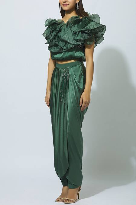 Buy Babita Malkani Green Organza, Crepe Round Embellished Crop Top With Draped Pants Online at Aza Fashions Buy_Babita Malkani_Green Organza, Crepe Round Embellished Crop Top With Draped Pants _Online_at_Aza_Fashions