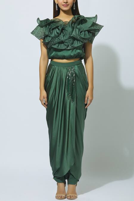 Shop Babita Malkani Green Organza, Crepe Round Embellished Crop Top With Draped Pants Online at Aza Fashions Shop_Babita Malkani_Green Organza, Crepe Round Embellished Crop Top With Draped Pants _Online_at_Aza_Fashions