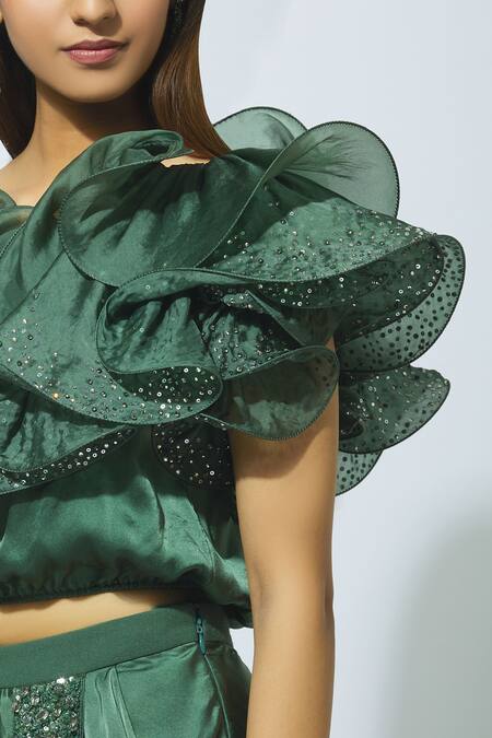 Babita Malkani Green Organza, Crepe Round Embellished Crop Top With Draped Pants at Aza Fashions Babita Malkani_Green Organza, Crepe Round Embellished Crop Top With Draped Pants _at_Aza_Fashions