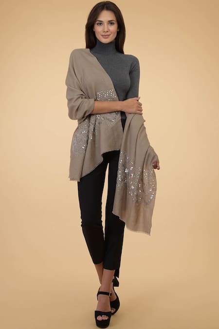Talking Threads_Beige Embroidered Pashmina Stole_Online_at_Aza_Fashions