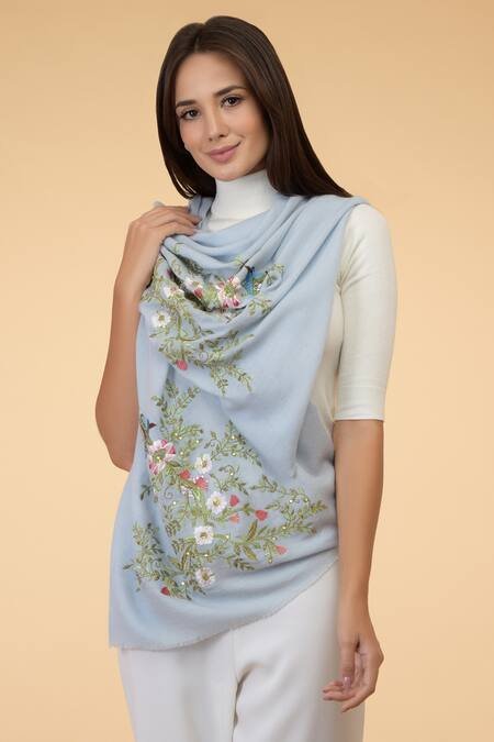 Talking Threads_Blue Embroidered Pashmina Stole_Online_at_Aza_Fashions