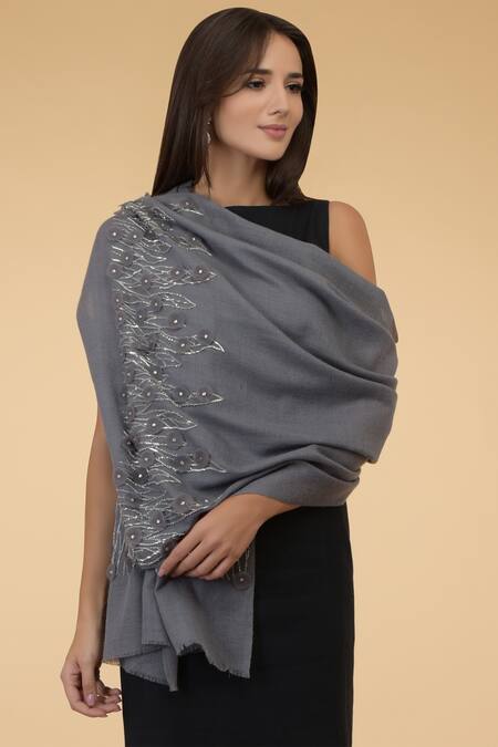 Talking Threads_Grey Embroidered Pashmina Stole_Online_at_Aza_Fashions
