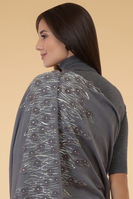 Shop_Talking Threads_Grey Embroidered Pashmina Stole_Online_at_Aza_Fashions