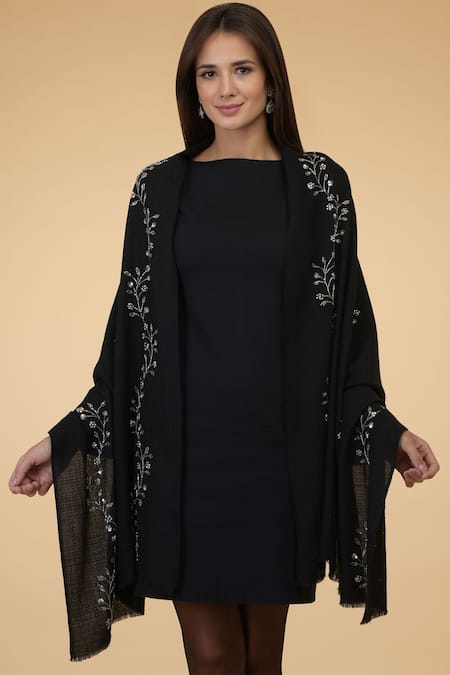 Talking Threads_Black Embroidered Pashmina Stole_Online_at_Aza_Fashions