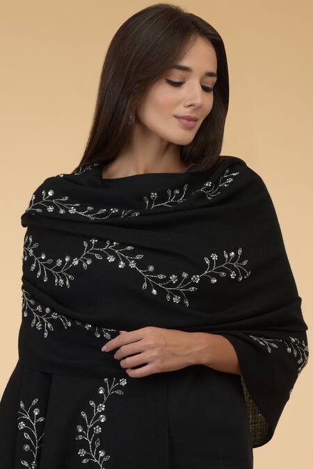 Shop_Talking Threads_Black Embroidered Pashmina Stole_Online_at_Aza_Fashions