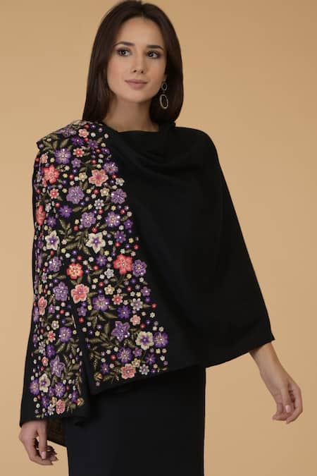 Talking Threads_Black Embroidered Pashmina Stole_Online_at_Aza_Fashions