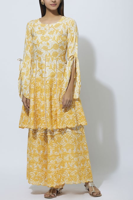 Mathili's Yellow Cotton Printed Kurta Palazzo Set