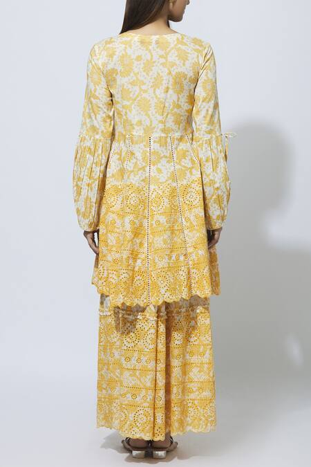 Shop_MathilI'S_Yellow Cotton Printed Kurta Palazzo Set_at_Aza_Fashions