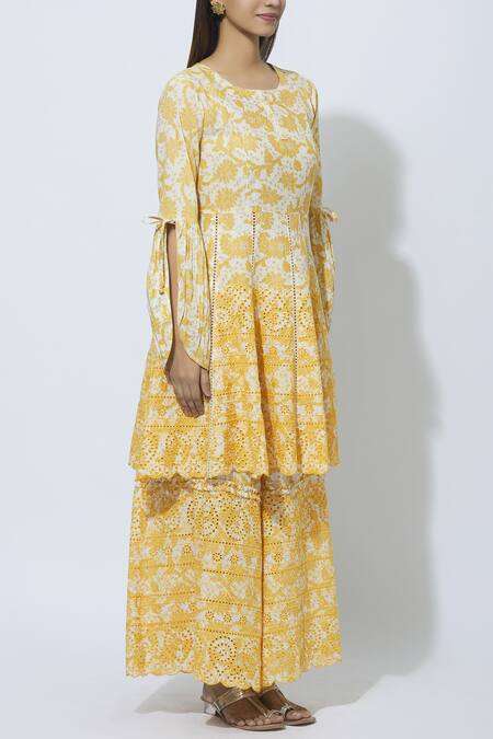 MathilI'S_Yellow Cotton Printed Kurta Palazzo Set_Online_at_Aza_Fashions