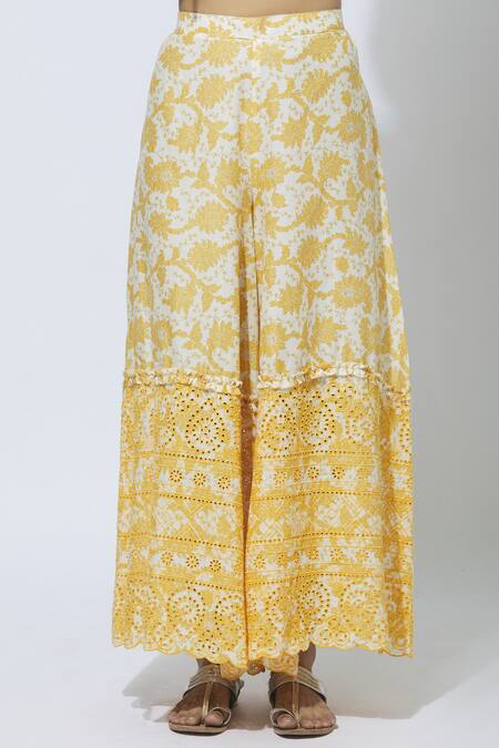 Shop_MathilI'S_Yellow Cotton Printed Kurta Palazzo Set_Online_at_Aza_Fashions