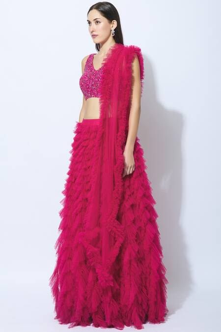 Nadine Dhody_Pink Tulle Embellished Lehenga Set_Online_at_Aza_Fashions
