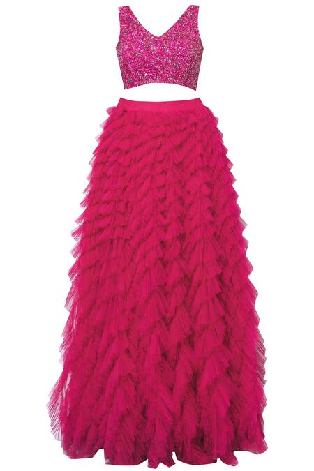 Shop_Nadine Dhody_Pink Tulle Embellished Lehenga Set_Online_at_Aza_Fashions