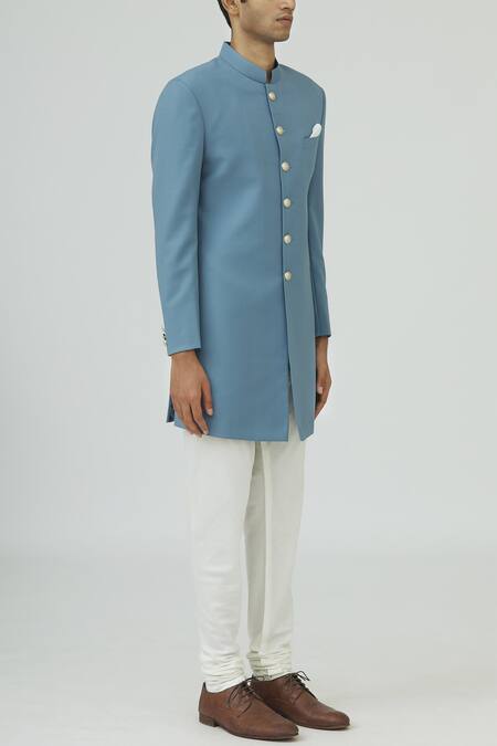 Mapxencars_Blue Silk Sherwani Set_Online_at_Aza_Fashions