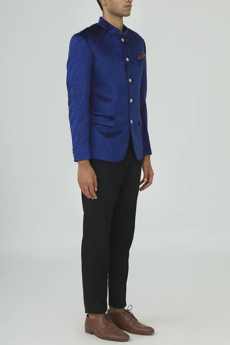 Mapxencars_Blue Velvet Bandhgala Set_Online_at_Aza_Fashions