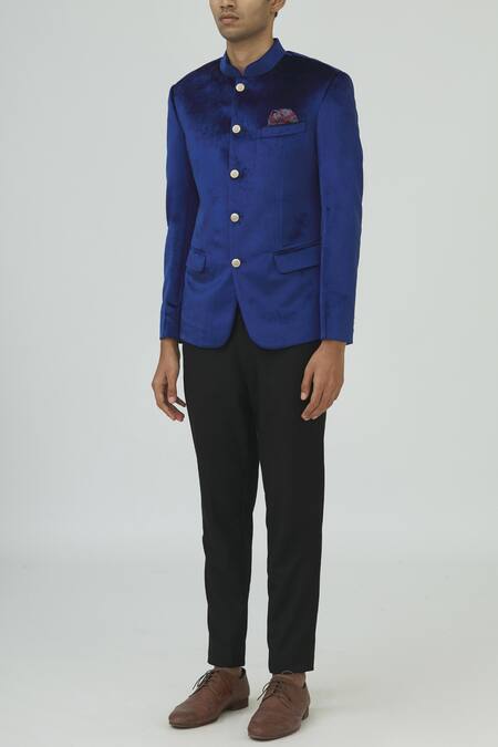 Buy_Mapxencars_Blue Velvet Bandhgala Set_Online_at_Aza_Fashions