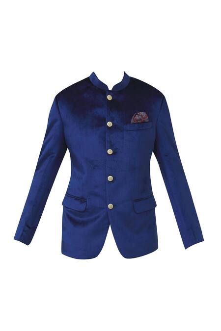 Shop_Mapxencars_Blue Velvet Bandhgala Set_Online_at_Aza_Fashions