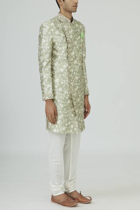 Mapxencars_White Silk Overlap Sherwani Set_Online_at_Aza_Fashions