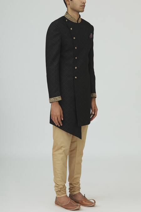 Mapxencars_Black Silk Overlap Sherwani Set_Online_at_Aza_Fashions