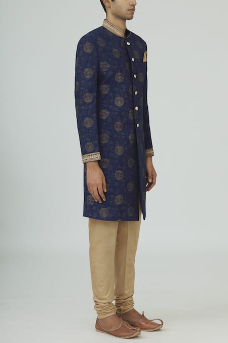 Mapxencars_Blue Silk Sherwani Set_Online_at_Aza_Fashions