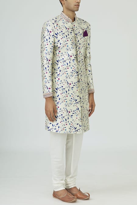 Mapxencars_Off White Silk Printed Sherwani Set_Online_at_Aza_Fashions