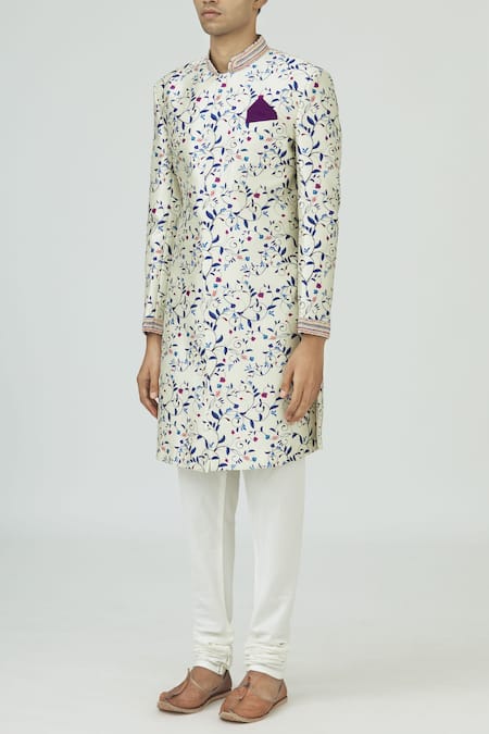 Buy_Mapxencars_Off White Silk Printed Sherwani Set_Online_at_Aza_Fashions