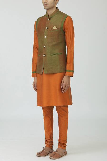 Mapxencars_Green Silk Bundi Kurta Set_Online_at_Aza_Fashions