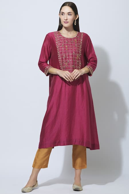 Buy Pink Round Chanderi Silk Kurta For Women by Varun Bahl Online at Aza  Fashions.