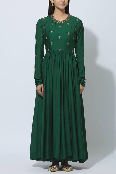 Shop_Virtuoso By Mekha And Anurag_Green Chanderi Round Anarkali With Dupatta_Online_at_Aza_Fashions