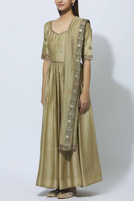 Buy_Virtuoso By Mekha And Anurag_Green Chanderi Leaf Neck Anarkali With Dupatta_Online_at_Aza_Fashions