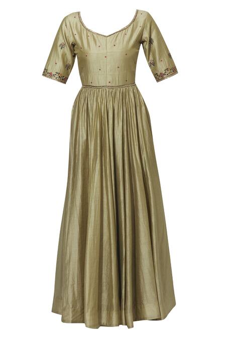 Shop_Virtuoso By Mekha And Anurag_Green Chanderi Leaf Neck Anarkali With Dupatta_Online_at_Aza_Fashions