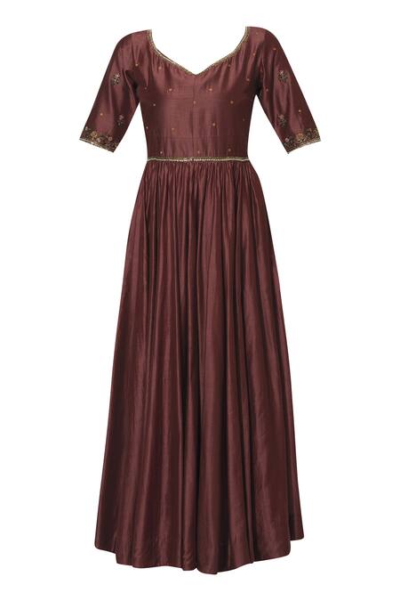 Shop_Virtuoso By Mekha And Anurag_Maroon Chanderi Leaf Neck Embroidered Anarkali With Dupatta_Online_at_Aza_Fashions