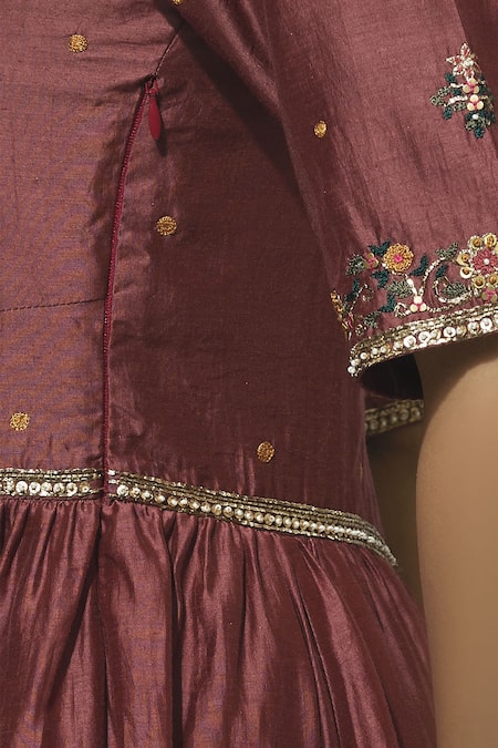 Virtuoso By Mekha And Anurag_Maroon Chanderi Leaf Neck Embroidered Anarkali With Dupatta_at_Aza_Fashions