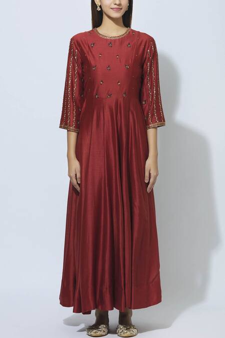 Shop_Virtuoso By Mekha And Anurag_Maroon Chanderi Round Embroidered Anarkali With Dupatta_Online_at_Aza_Fashions