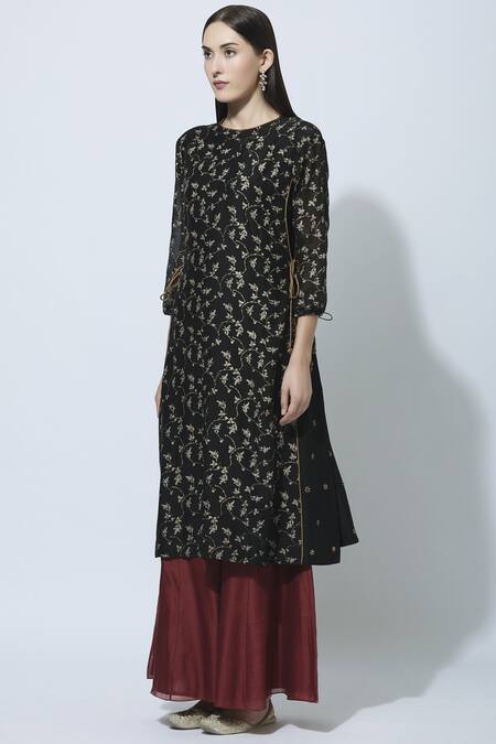 Virtuoso By Mekha And Anurag_Black Chanderi Round Block Print Kurta Palazzo Set_Online_at_Aza_Fashions