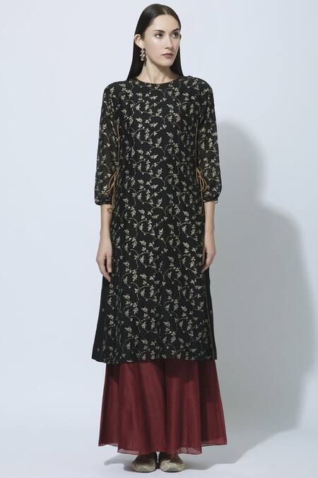 Buy_Virtuoso By Mekha And Anurag_Black Chanderi Round Block Print Kurta Palazzo Set_Online_at_Aza_Fashions