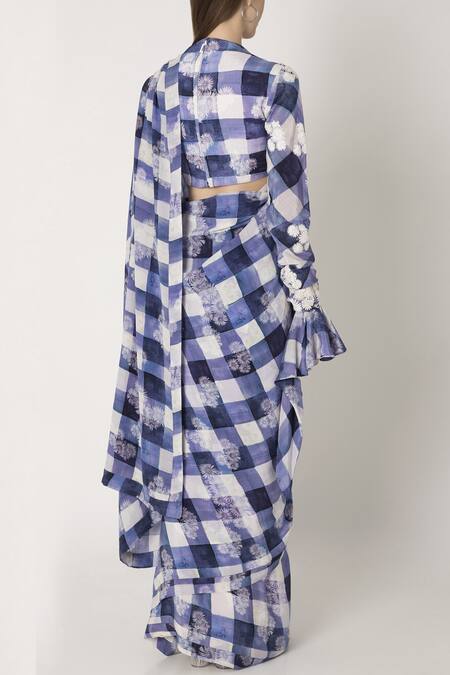 Shop_Masaba_Blue Crepe Printed Saree With Blouse_at_Aza_Fashions