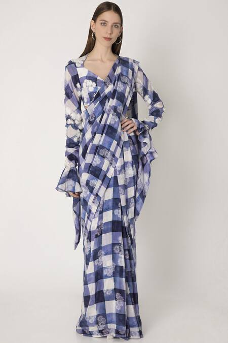 Masaba_Blue Crepe Printed Saree With Blouse_Online_at_Aza_Fashions