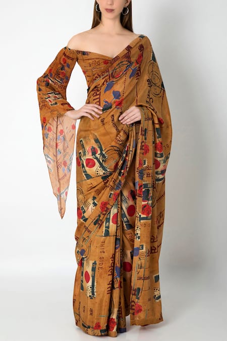 Masaba Brown Crepe Silk Saree With Off Shoulder Blouse