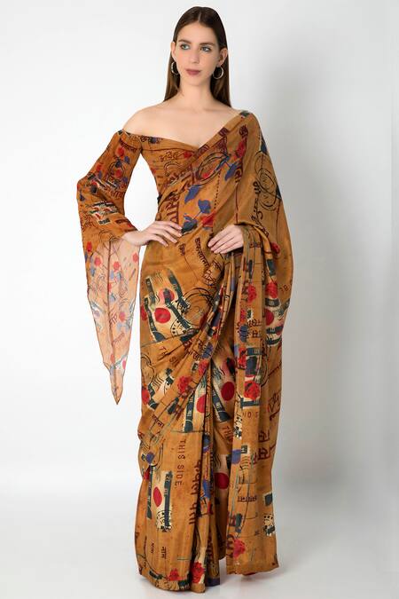 Masaba Brown Crepe Silk Saree With Off Shoulder Blouse Online at Aza Fashions Masaba_Brown Crepe Silk Saree With Off Shoulder Blouse_Online_at_Aza_Fashions