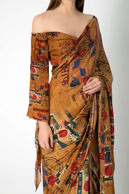Buy Masaba Brown Crepe Silk Saree With Off Shoulder Blouse Online at Aza Fashions Buy_Masaba_Brown Crepe Silk Saree With Off Shoulder Blouse_Online_at_Aza_Fashions