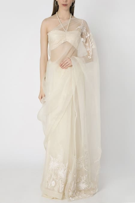 Masaba Off White Organza Embroidered Saree With Blouse