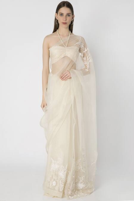 Masaba Off White Organza Embroidered Saree With Blouse Online at Aza Fashions Masaba_Off White Organza Embroidered Saree With Blouse_Online_at_Aza_Fashions